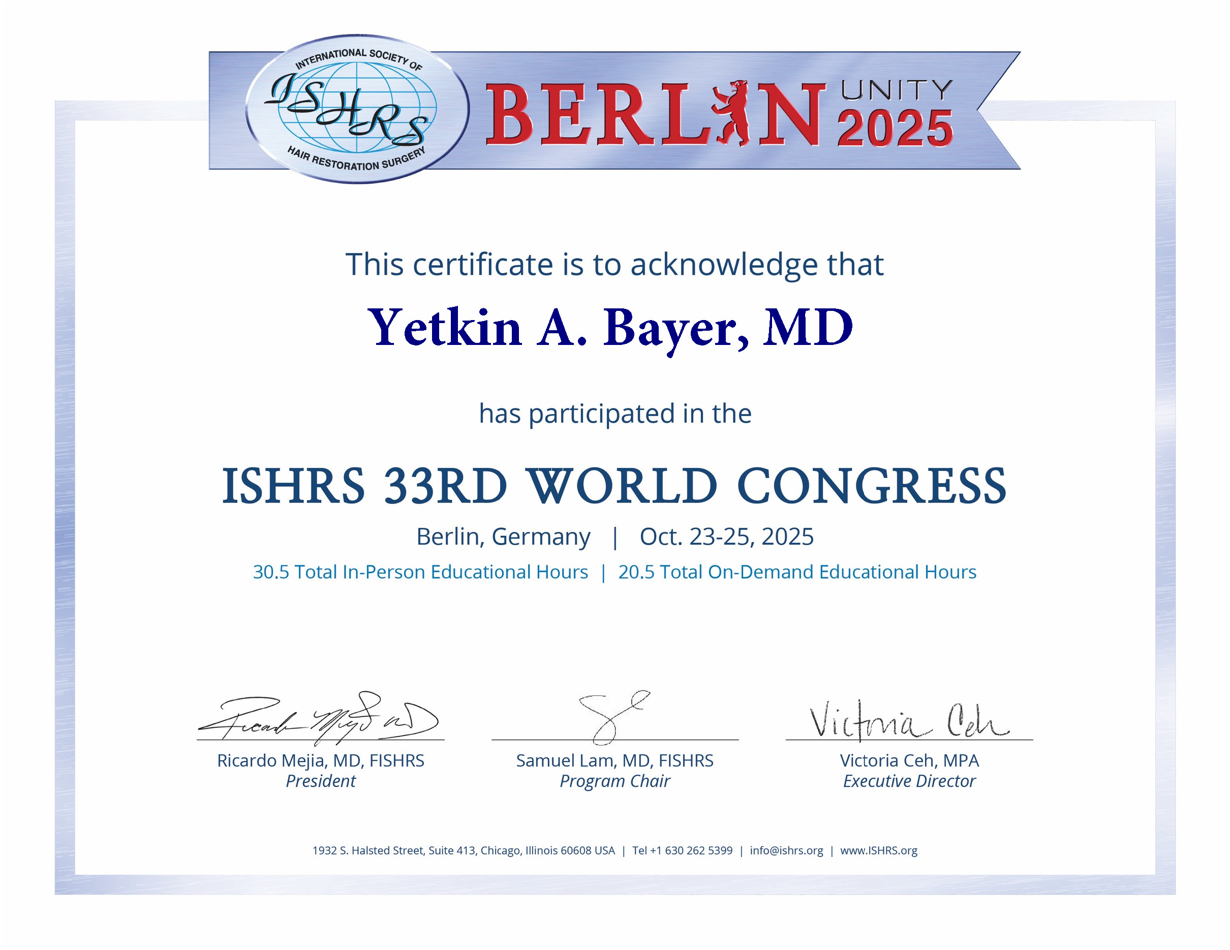 Berlin ISHRS 33RD WORLD CONGRESS - CERTIFICATE OF ATTENDANCE - DR. YETKİN BAYER