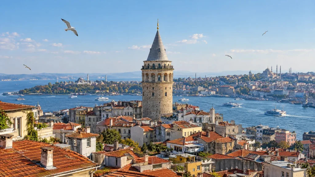 Istanbuls gamle bydel med Galata-tårnet og Det Gyldne Horn i klart novemberlys