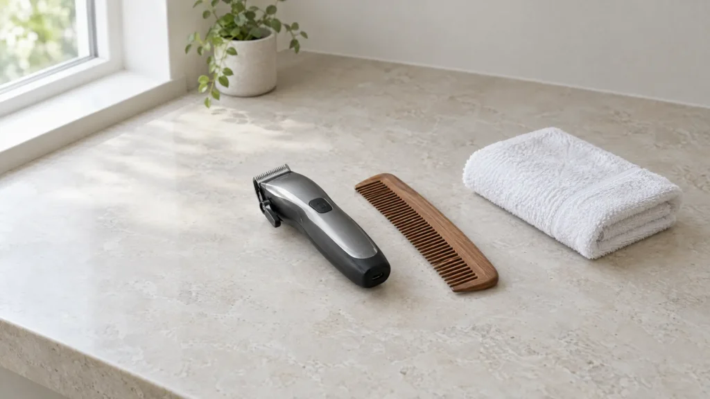 Cordless hair clipper and wooden comb on a light stone bathroom counter