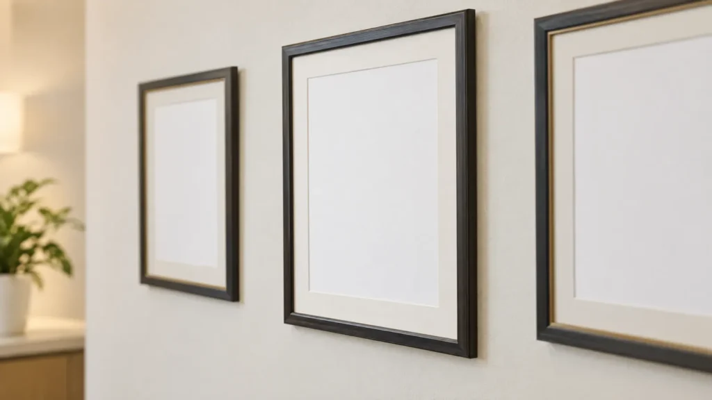 Framed documents with blank paper on a light clinic wall